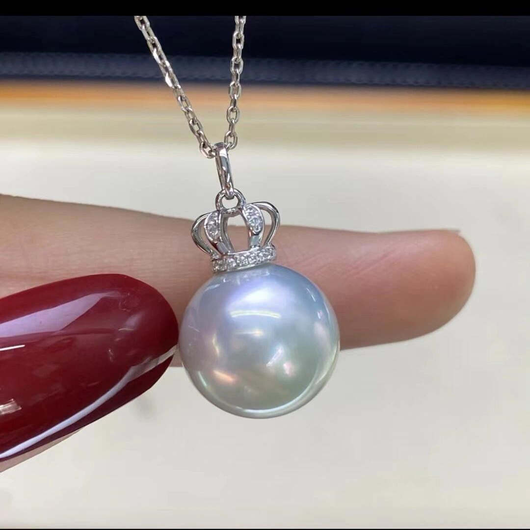 s925银澳白珍珠吊坠女镶钻皇冠珍珠锁骨链法式轻奢皇冠珍珠项链女