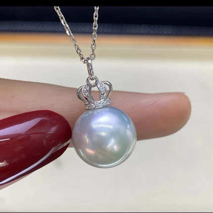 s925银澳白珍珠吊坠女镶钻皇冠珍珠锁骨链法式轻奢皇冠珍珠项链女