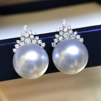 热巴同款耳钉925银澳白珍珠耳钉女气质法式微镶钻高级珍珠耳饰