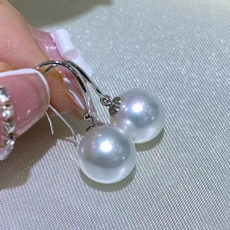 s925纯银澳白珍珠耳坠正圆强光深海母贝珍珠耳环珍珠耳挂珍珠耳饰