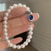 倪妮同款 s925银澳白珍珠手串女温莎蓝宝石珍珠手链女礼物强光正圆
