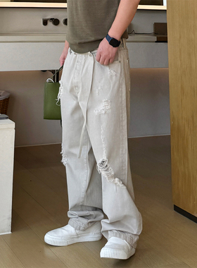 日本进口高端水洗美式破洞拉须白色直筒宽松四季款全棉牛仔长裤男