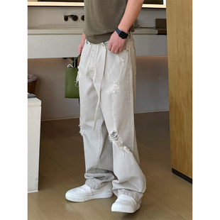 日本进口高端水洗美式破洞拉须白色直筒宽松四季款全棉牛仔长裤男