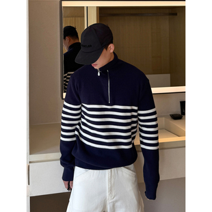 END 条纹海军优质棉高领针织毛衣 HOMME