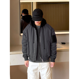 可拆卸假两件分层式 韩版 连帽飞行员夹克男宽松棉服外套 HOMME END