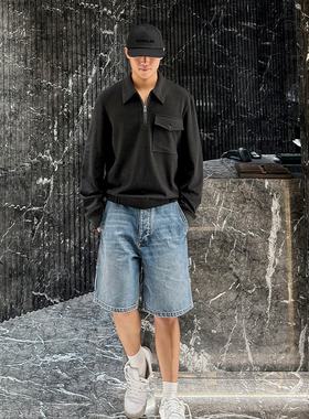 卫衣男秋冬POLO美式复古高弹亲肤双面绒宽松休闲简约廓形针织上衣