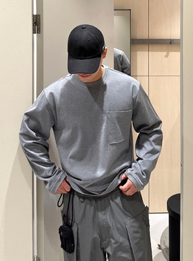 进口面料秋季新款400g韩版宽松廓形圆领套头长袖T恤男打底衫潮