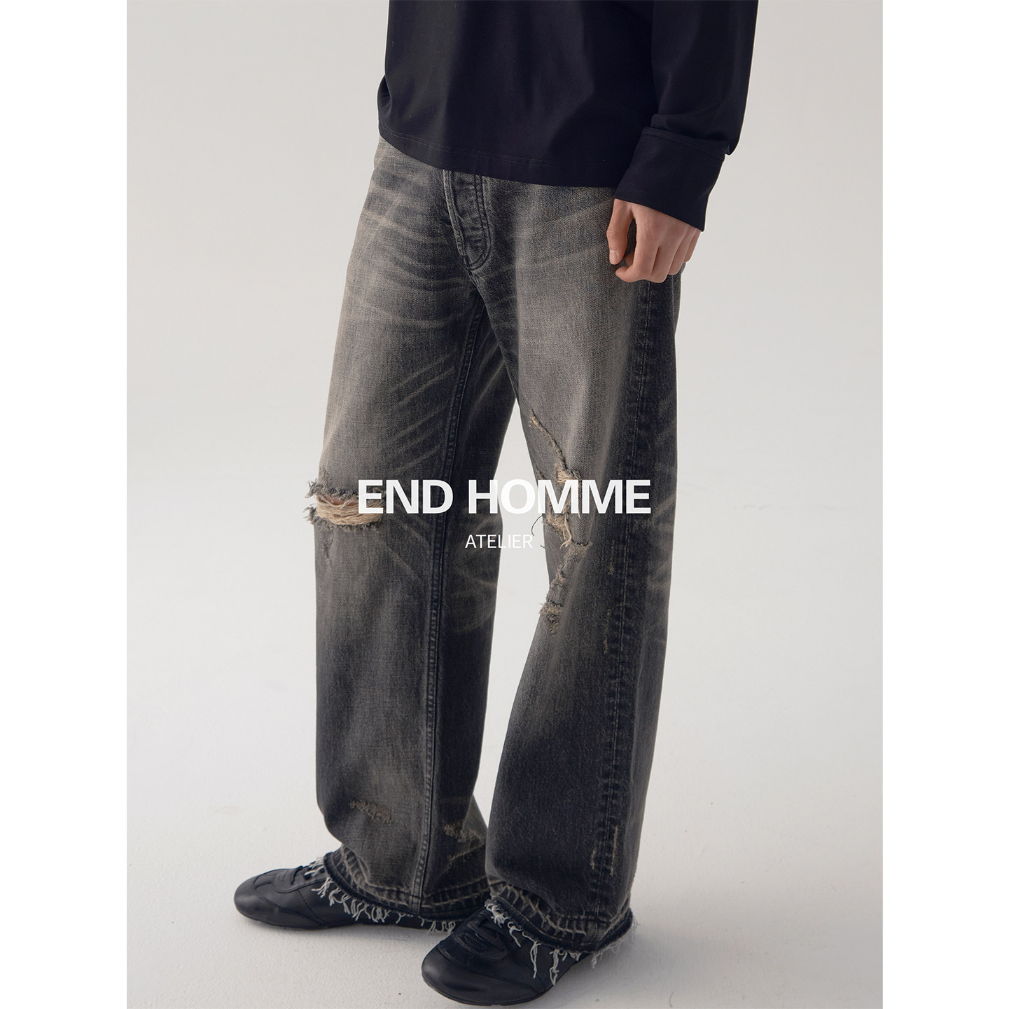 END HOMME日产岗山Celin*同源通勤合身石磨破洞烟灰直筒牛仔裤男