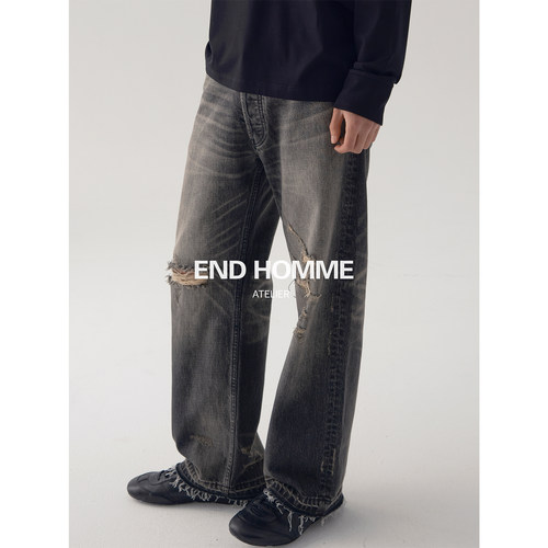 END HOMME日产岗山Celin*同源通勤合身石磨破洞烟灰直筒牛仔裤男