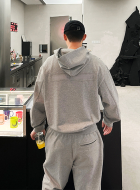 秋季新款韩版潮流宽松廓形直拉链连帽短款卫衣卫裤男休闲运动上衣