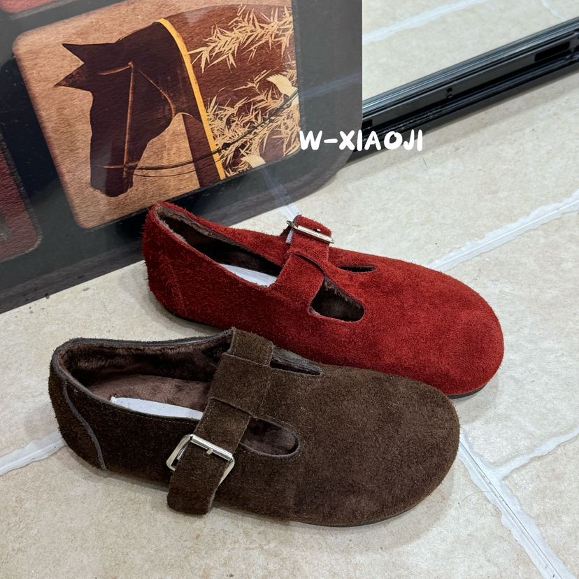 W-小集-上新复古圆头百搭镂空加绒低平跟单鞋(磨砂牛皮)WB-8156-7