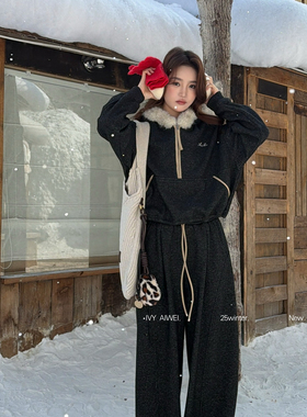 艾薇-韩系休闲连帽加厚保暖卫衣+松紧腰休闲阔腿裤套装83203