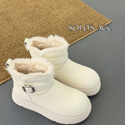 SOLO'S ACC-奶油色系简约设计感厚底牛皮加绒保暖雪地靴2762
