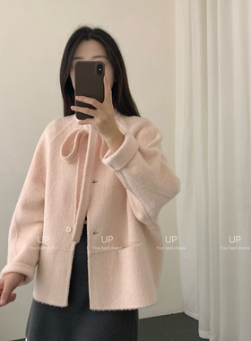 UP-羊驼小个子大衣慵懒宽松蝴蝶结羊毛外套（含69.4绵羊毛）60523