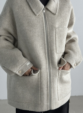 tlle-百搭高级翻领拉链绵羊毛中长款羊毛外套（含100绵羊毛）7625
