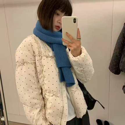 朵朵-冬上新2025冬季韩系时尚木耳边波点加厚保暖羽绒服外套d1304