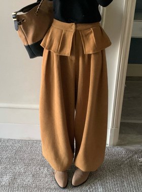 DARA ROSE-韩系层叠荷叶边加绒加厚毛呢垂感休闲裤S7983