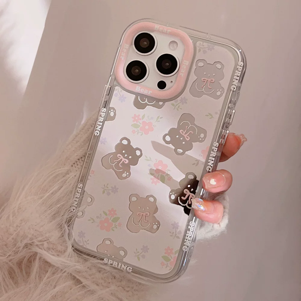 Apple, милый совместимый чехол для iPhone 15, iPhone 15 Pro, настоящий чехол, с цветами, с маленькими медведями, зеркало