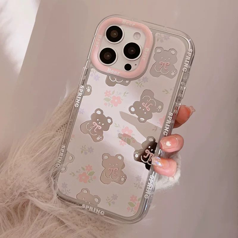 Apple, милый совместимый чехол для iPhone 15, iPhone 15 Pro, настоящий чехол, с цветами, с маленькими медведями, зеркало