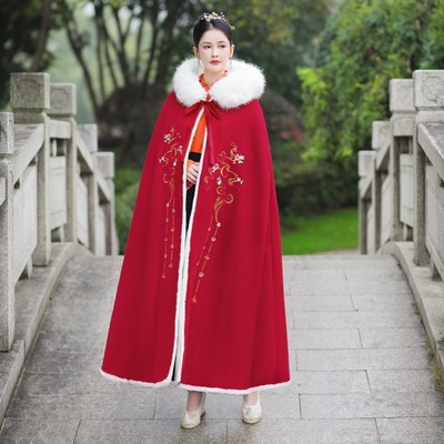 红色古装汉服披风2024新款秋冬季中国风斗篷加绒加厚披肩外套长款