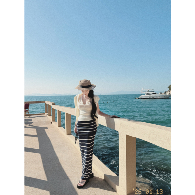 甜美系风蓝白条纹垂感长裙女