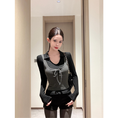 Cz纯子辣妹风假两件叠穿上衣