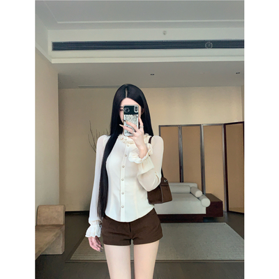 Cz纯子法式经典 百搭叠穿高领花边衬衣宫廷立领显瘦设计感上衣