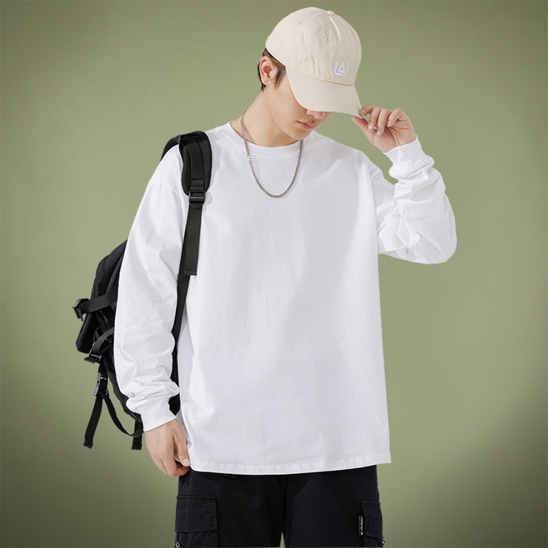 260g重磅纯棉宽松白色长袖t恤男春秋款大码内搭卫衣纯色打底衫男