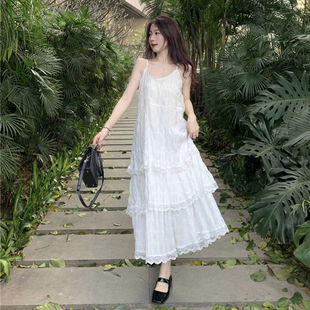 白色吊带连衣裙女2024夏季 法式 气质蕾丝花边蛋糕裙海边度假长裙子