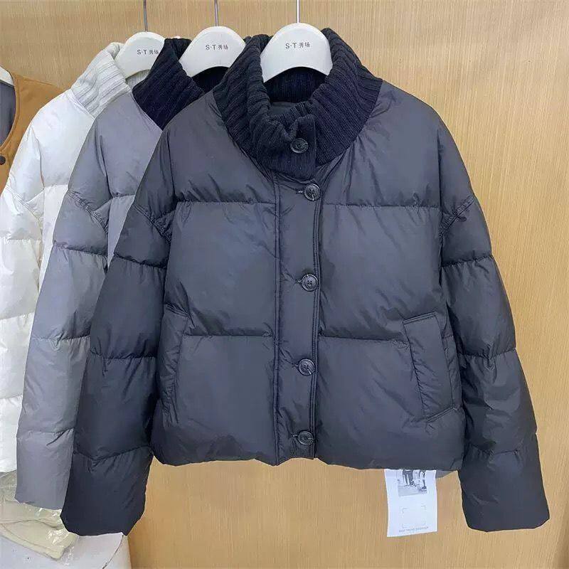 灰色针织领短款羽绒棉服女2025冬上新小个子韩版时尚小众加厚外套