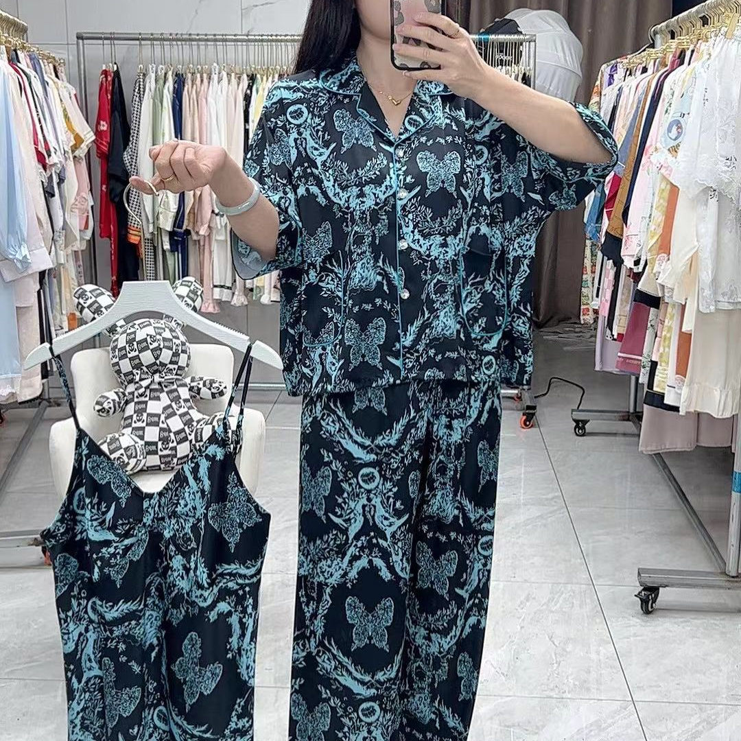 慵懒风女士冰丝睡衣三件套蓝色蝴蝶半袖长裤吊带套装家居服可外穿