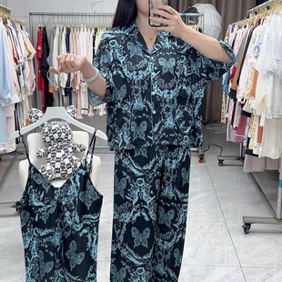 慵懒风女士冰丝睡衣三件套蓝色蝴蝶半袖 家居服可外穿 长裤 吊带套装