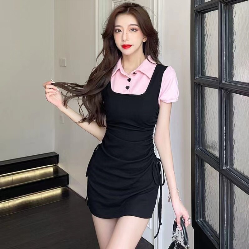 背带粉色衬衫假两件拼接泡泡袖连衣裙女夏季收腰显瘦包臀裙短裙子