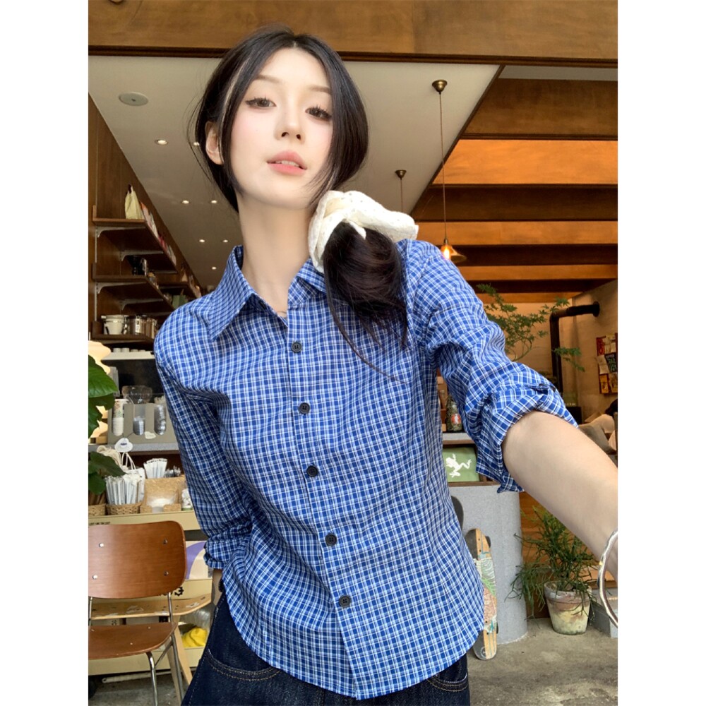韩系高级感Polo领格子衬衫女2025秋季高级感修身显瘦长袖百搭衬衣