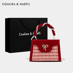 香港代购 红色包包女结婚小众高级感新婚礼物千鸟格手提女包新娘包