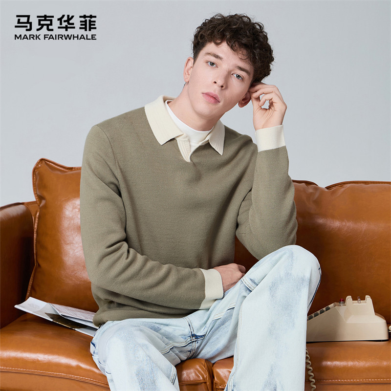 【拼色小V领】马克华菲男士毛衣衫秋冬百搭打底套头针织衫男上衣