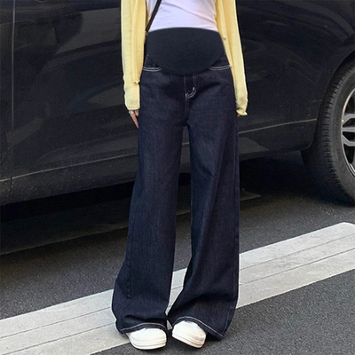 2025孕妇裤子秋装外穿宽松时尚丹宁蓝高腰牛仔裤秋冬季拖地阔腿裤