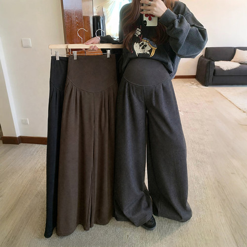 孕妇裤子秋装毛呢时髦宽松显瘦垂感孕期拖地裤秋季慵懒减龄阔腿裤