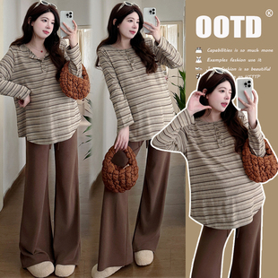 无托腹微喇裤 宽松显瘦条纹遮肚慵懒减龄上衣 两件套 子秋装 孕妇裤