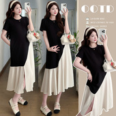 孕妇裙子夏装 高级感连衣裙 拼接假两件宽松显瘦遮肚过膝潮妈裙夏季