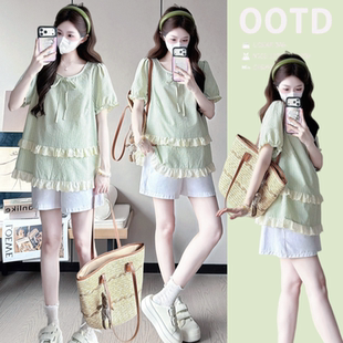 薄款 2026孕妇装 夏季 设计感拼接洋气减龄格子娃娃衫 怀孕期上衣 夏装