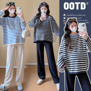 孕妇上衣 圆领套头条纹宽松显瘦慵懒风气质毛衣春秋冬季 孕妇装 秋装