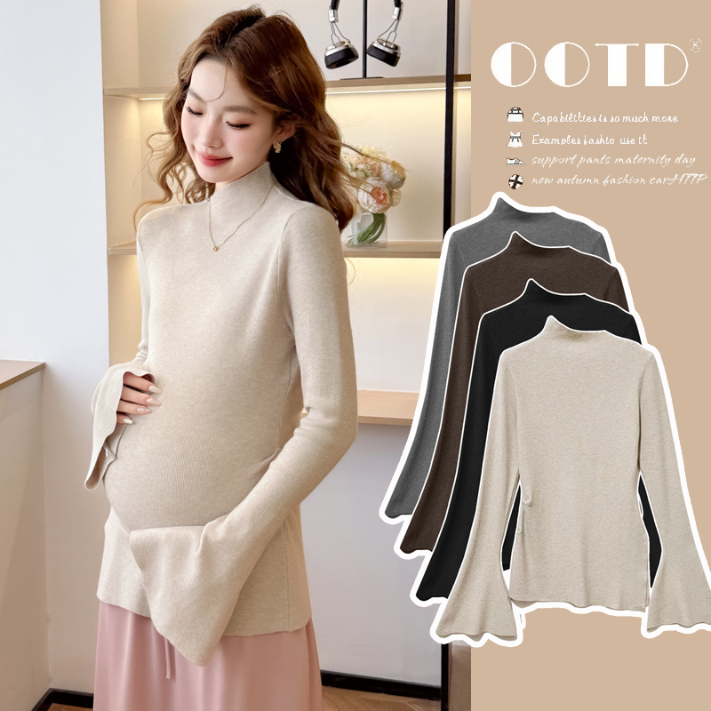 孕妇装春秋冬装纯色高弹慵懒喇叭袖针织加厚打底衫孕妇简单款上衣