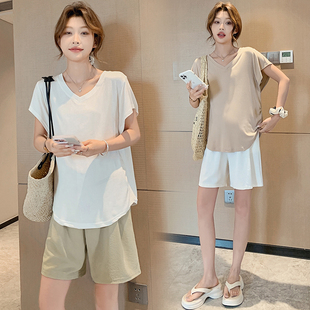 宽松显瘦遮肚T恤 纯色休闲薄款 透气短裤 夏季 孕妇装 慵懒风套装 夏装