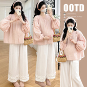 春季 孕妇装 纹理木耳边裤 高级感气质减龄温柔压褶衬衫 两件套 春装