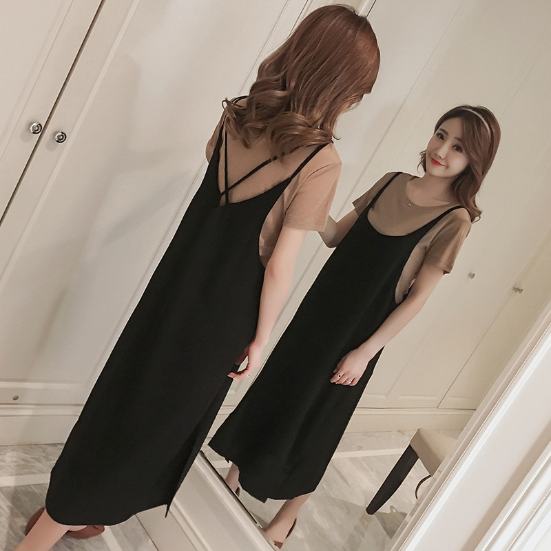 夏装孕妇裙韩版怀孕期显瘦开叉吊带裙 打底衫两件套春季孕妇套装