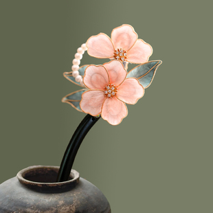 盘发发簪新中式u型檀木发钗非遗绒花发簪汉服国风发饰簪子女头饰