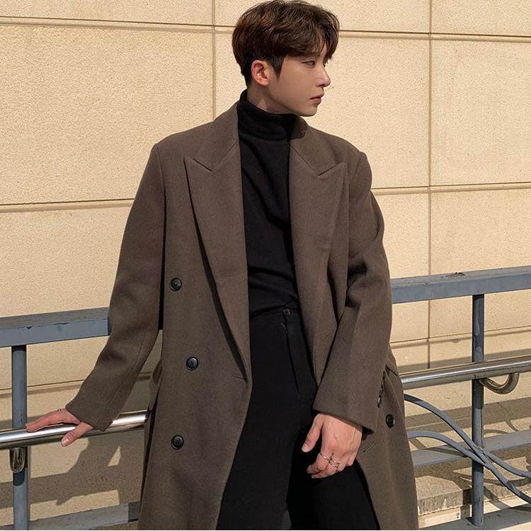 秋冬男士毛呢大衣外套中长款双排扣宽松风衣外套男款冬季加厚呢子