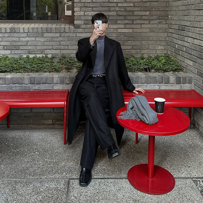 秋冬毛呢大衣男中长款宽松单排扣冬季加厚呢子外套男款风衣英伦风