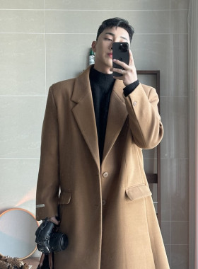 美拉德毛呢大衣男长款宽松有垫肩冬季加厚韩版英伦风呢子风衣外套